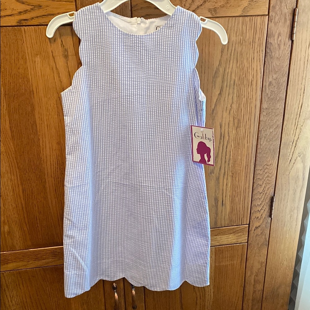 Elegant Girl’s White and Blue Striped Seersucker Dress NWT